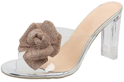 UK 5.5 Heeled Mules Womens Clear Heels Open Toe Block Chunky High Heels Sandals Strappy Mules Backless Slippers Slip on Party Evening Dress Shoes A0_Rose Gold Clearance Gifts for Women
