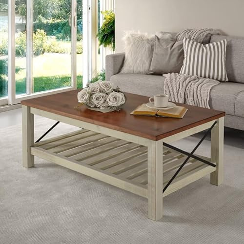 Mercers Furniture Cottage Coffee Table Off White/Cream Large Pine Wood Wooden With Storage Shelf Painted Shabby Chic Living Room 46cm High x107cm Wide x 61cm Deep