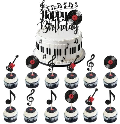 13-teiliges Kuchendekorationsset zum Thema Musik mit glitzernden Gitarren und Notenmotiven, perfekt für Taufkuchen, Hochzeitstorten, Geburtstagsfeiern und Partydekorationen zum Thema Musik