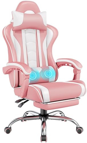 Yaheetech Gaming Chair for Adults, Ergonomic Video Game Chair with Massage Lumbar Support and Footrest Swivel, Height Adjustable Reclining Computer Racing Gamer Chair with Headrest - Pink/White