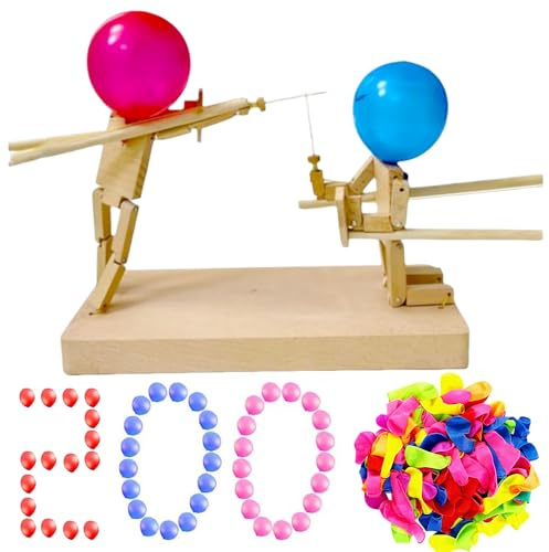 WFKKMEQ Balloon Bamboo Man Battle, Handmade Wooden Fencing Puppets, Wooden Battle Game for 2 Players with 200 Ballons, Tabletop Spiele, Rasantes Partyspiel für Erwachsene Kinder