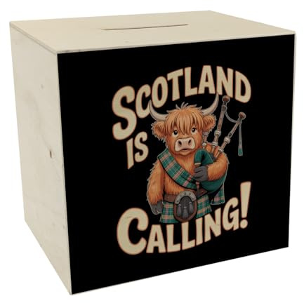 Scotland is Calling! Spardose aus Holz mit Highland-Kuh-Motiv für Reiseliebhaber - lustiger Spruch für Schottland-Fans