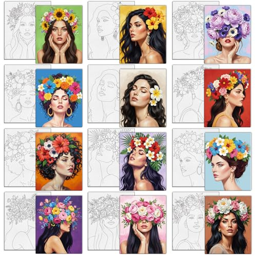 MAYJOYDIY 12 Stück Blumen und Damen vorgezeichnete Leinwände zum Bemalen Frau mit Blumenkranz vorbedruckte Leinwand 25x20cm Sonnenblume Exotische Blumen DIY Malerei Kunstbrett Zubehör für Anfänger