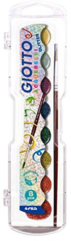 GIOTTO Aquarelli Glitter 8 Watercolour Blocks, Includes 1 Brush, Assorted Colours, For Children, Party Bags & Schools