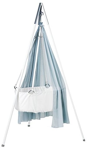 Leander Wiege - Babywiege weiß inkl. Matratze und Deckenhaken - mit Himmel (Schleier) misty blue + Stativ weiß