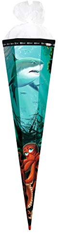 ROTH Schultüte groß Hai mit Krake und Spezialborte 85 cm - 6-eckig Rot(h)-Spitze Tüllverschluss - Zuckertüte Schulanfang Schiff Meer Fisch