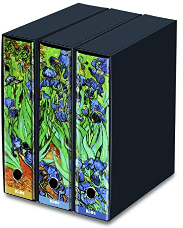 Kaos - Set 3 Raccoglitori ad Anelli - VAN GOGH, Iris - Dossier Dorso 8 cm, Meccanismo a Leva - Protocollo Portadocumenti per Casa e Ufficio - Misure: 26cm x 29cm x 35cm