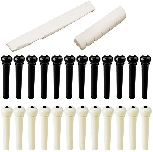 24 PCS Gitarre Brücke Pins mit 2 PCS Steg, Sattel und Stegeinlage, FineGood Kunststoff Akustische Bridge Pins und 6 Saiten aus echtem Knochen Folk Steg Sattel Gitarre Ersatz – Ivory, Schwarz