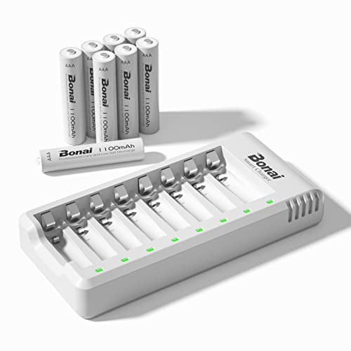 BONAI Chargeur Piles Rechargeable 8 Slots, avec 8 Piles AAA 1100mah à Haute Capacité Ni-Mh Batterie Rechargeable, Faible AutodéCharge - USB Charge Rapide, Protection de Charge Intelligente