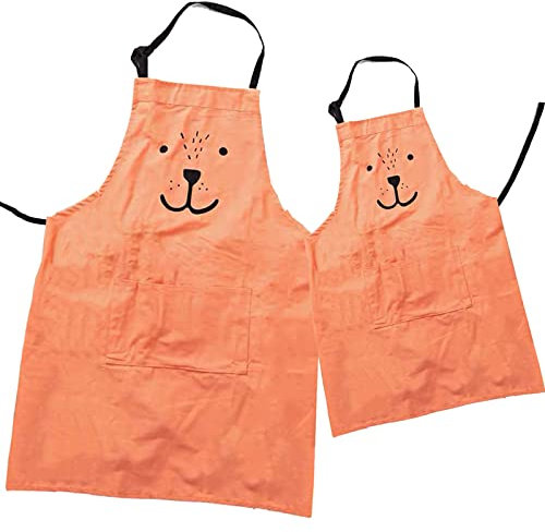 Hillhome 2er-Pack Baumwollleinen-Schürze für Eltern und Kinder, schöne verstellbare Schürze mit Taschen, tolles Geschenk für Erwachsene und Kinder, Gartenarbeit, Mama und Mama adult kid Orange