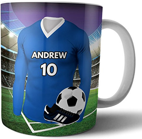 AK Giftshop Personalised Gift - Football Shirt - Mug -Tea Coffee Cup - Birthday - Christmas - Stocking Filler - Secret Santa - Any Team Colours (Leicester City)