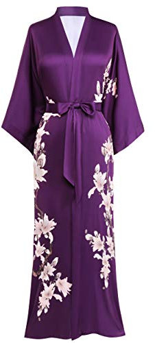 BABEYOND Kimono Dressing Gown Floral Printed Kimono Robe Long Satin Kimono Dress Cover Up for Women Wedding Pyjamas Party 135cm/53inches (Purple)
