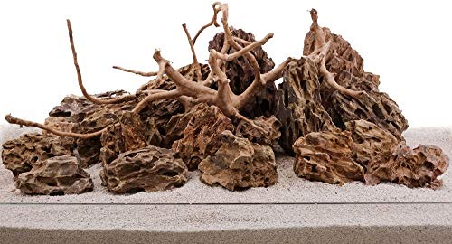 AquaOne Aquarium Steine Drachensteine Set mit Wurzel I Natursteine Dragon 25kg Mix und Mookienwurzel XL I Aquascaping Gestein I Felsen Dekoration I Rückwand braun