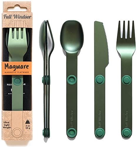 FULL WINDSOR - MAGWARE Magnetic Camping Cutlery Set - Travel Utensils for Camping, Cooking, and Outdoor Dining - Knife, Fork & Spoon - Portable Silverware with Pouch - Green (3 PCS)