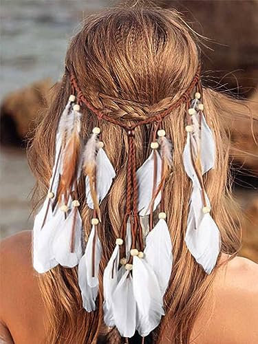 Yean Serre-tête à plumes style bohème hippie avec pampille et chaîne de main pour femme et fille