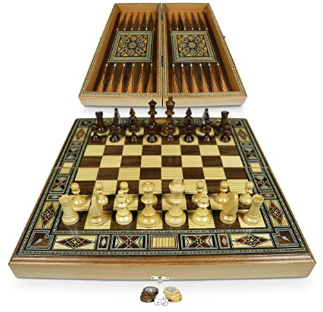 Neu 40 x 40 cm Holz Backgammon Tavla/Schachspiel/DAMA Brett BK 414 F mit 30 Holz Backgammon Steine und Schachfiguren aus Holz KH 75