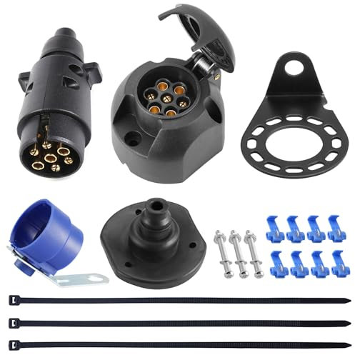 SPARKMOTO Prise Remorque 7 Broches Et Fiche Remorque 7 Broches,12V Prise Fiche pour Remorque 7 Broches Étanche pour Voiture,Fiche pour Caravane RV,avec Kit Support de Montage et Joint arrière(SK0703D)
