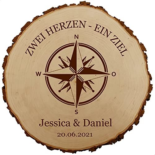 Baumscheibe 30cm mit Gravur (Namen, Datum) personalisierte Holz-Scheibe mit Kompass, Hochzeitsgeschenke Geschenkidee Jubiläum Hochzeitsdeko, MotivH1