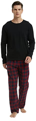 GLOBAL Homme Pyjama Flanelle | Ensembles de Pyjama Homme Coton | Vêtements de Nuit Haut Deux Pièces Chaud |Pyjama Sets Col Rond à Manches Longues |Top Noir, Pantalon Carreaux Rouge Noir L