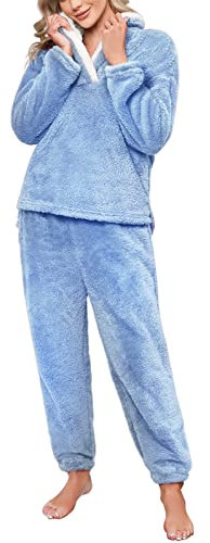 RITOSTA Pigiama Donna Invernale Felpato Pigiama Donna Invernale Caldo Pigiama Donna Invernale Pile Pigiama di Pile Morbido Pigiami Lungo Due Pezzi da Donna con Felpa e Pantalone(Blu,L)