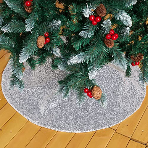 INMOZATA Christmas Tree Skirt 48 inch/122cm Silver Sequins Christmas Tree Base Cover for Christmas Tree Decorations