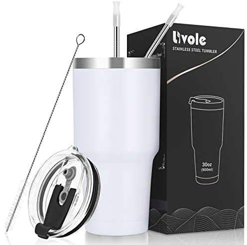 Livole Mug Isotherme 30OZ 900ML, Gobelet de voyage, Thermos Cafe à Double Paroi Isolant Tasse à café Réutilisable, 304 18/8 Acier Inoxydable, Couvercles anti-éclaboussure, Paille, sans BPA, Blanc