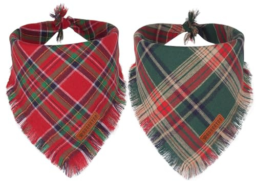 Adoggygo Weihnachten Hundehalstücher mit Quasten Kanten, Stilvolles Plaid Hund Weihnachten Schal Lätzchen, Mehrere Größen Angeboten Plaid Bandanas für Große und Extra Große Hunde (X-Large, Rot & Grün)