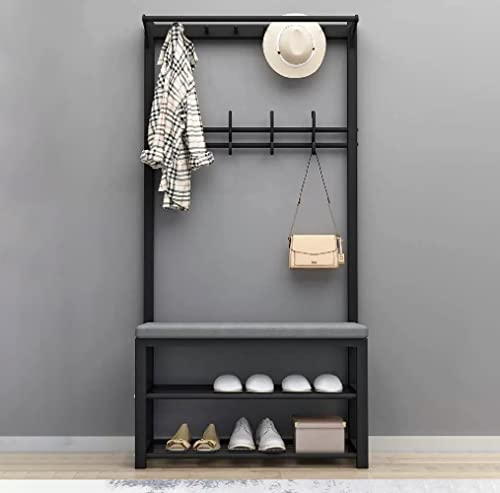 Garderobenständer Vintage mit Sitzbank, Metallgestell Kleiderständer mit Schuhablagen, Garderobe aus Metall mit Schuhregal und Haken für Flur Schlafzimmer, 100x33x170cm