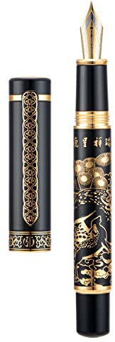 Hongdian 8037 Chinese Classical Fountain Pen, Iridum Extra Fine Gold Nib with Chinese Deer Totem Design, Smooth Writing Pen with Ink Converter and Metal Pen Box Set