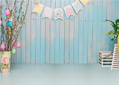 BELECO 3.6x2.5m Fabric Blue Easter Backdrop Wooden Wall and Floor Room Interior Decor for Photography Kids Baby Newborn Photoshoot Party Props