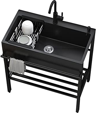 Lavello Cucina Nero Con 1 Vasca, Lavandino Autoportante Commerciale, Lavello Da Esterno, Lavandino In Acciaio Inox Con Scolapiatti, Con Rubinetto, Lavatoio Da Giardino Campeggio ( Size : 90*45cm , Col
