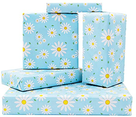 Weißes und Gelbes Gänseblümchen mit Grünen Blättern auf Blauem Geschenkpapier mit Schleife, 4 Blatt für Kinder, Mädchen, Jungen, Blumen-Geschenkpapier für Geburtstag, Babyparty, Urlaub, Taufe