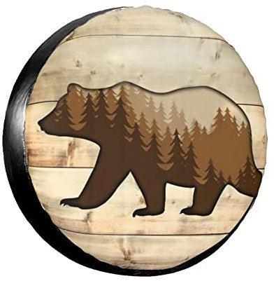 Reifentaschen Schwarzer Bär, Braune Bäume, Rustikales Holzbrett, Garagentor, Land, Niedliches Thema Waschbar Reifen Schutzhülle Universal Reifenabdeckung Für Geburtstag Fahrzeuge Trailer 16inch