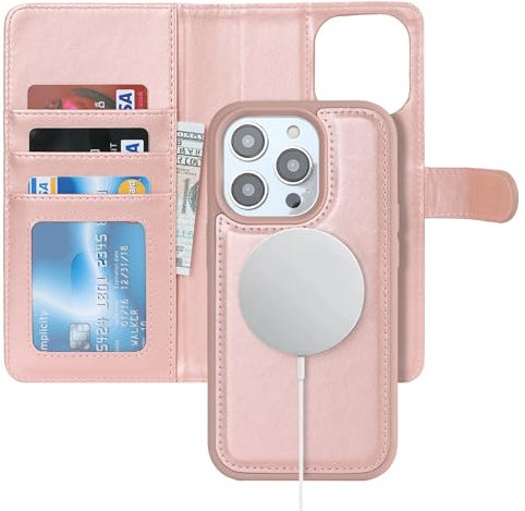 Zouzt for iPhone 14 Pro 6.1 Inch Detachable Wallet Case with Card Holder for MagSafe, Premium PU Leather 2 in 1 Flip Folio Book Magnetic Stand Protective Phone Cover for iPhone 14 Pro - Rose Gold
