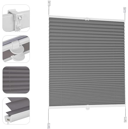 Sekey Plissee ohne Bohren Verdunkelung, Fenster Plissee Klemmfix Jalousie 80 cm breit, Verspannt Blickdicht Sonnenschutz Fensterollo, 80x210cm, Dunkelgrau