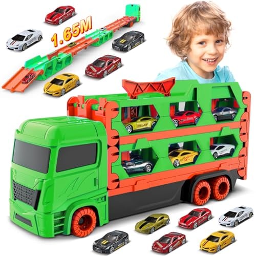 VATOS Transport Truck Toys Cars Age 3+ for Boys Ages 3 4 5 6, Portable Truck Toy with 6 Race Cars, Best Gift Carrier Vehicles Toys Set for Kids