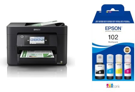 Epson WorkForce WF-4820 All-in-One Wireless Colour Printer with Scanner, Copier, Fax, Ethernet, Wi-Fi Direct and ADF, Black & EcoTank 102 Genuine Multipack Ink Bottles