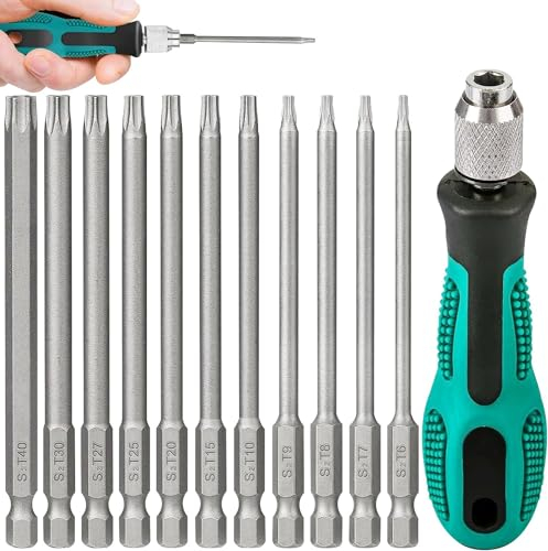 12 pcs Torx Schraubendreher Set,100mm T6-T40 Lang Magnetische Torx Set, Lang Schraubendreher,Schwarzen Handgriff,Sternenkopf Schraubenziehe Set