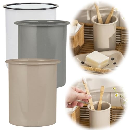LS-LebenStil Vintage Zahnputzbecher Emaille Beige 12cm Altum Zahnbürstenhalter für Zahnbürste und Zahnpasta im Badezimmer & Gäste-WC