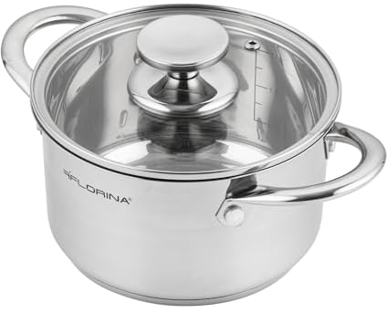 FLORINA Olla Acero Inoxidable (1,9 l) I 16 cm de Diámetro I Olla Ahorradora de Energía FALCON I Olla con Tapa de Vidrio y Escala Medidora I Todos los Tipos de Cocinas I Apta para Lavavajillas