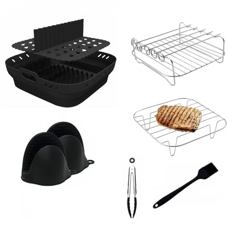 8PCS Square Silicone Air Fryer Liner, Cosori Air Fryer Accessories, Stainless Steel Air Fryer Rack, Multicooker for Ninja Speedi ON400UK, COSORI 5.5L, Cecotec 6L, Tefal EY8018 6.5L