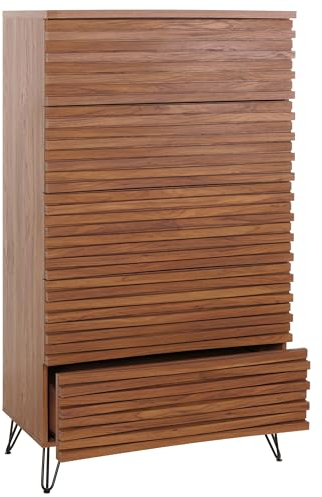 Mendler Kommode HWC-M49, Highboard Schrank, 3D-Design 5 Schubladen MDF Metall 145x80x44cm - Walnuss-Optik