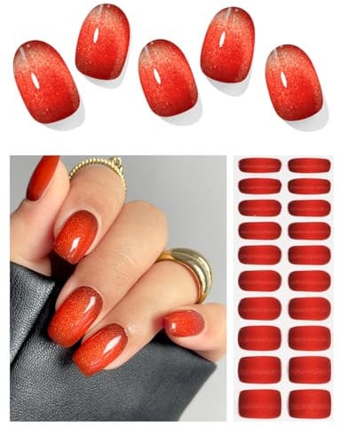 AutyaMee Semi Cured Gel Nail Strips (Flame Red), Cat Eye, 20 Pcs Gel Nail Wraps, Stickers, UV Light Required, Salon Quality, Long Lasting