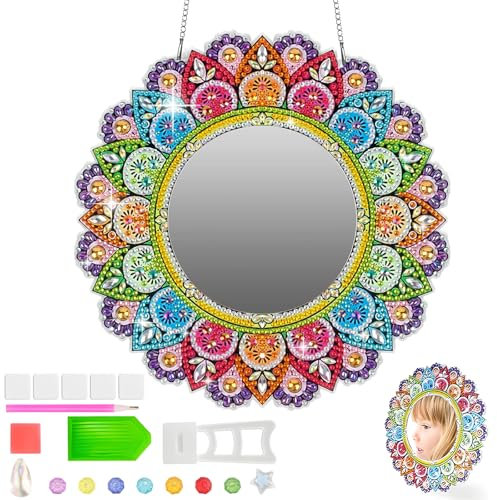 Diamond Painting Mandala Spiegel Bastelset Kinder Geschenke für Mädchen ab 6 7 8 9 10 11 12 Jahre DIY 5D Diamant Malerei Kosmetikspiegel Kindergeburtstag Basteln Spielzeug Geburtstagsgeschenke