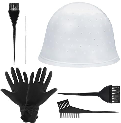 Halinuia 7 Stück Vorgebohrte Strähnchenhaube Haarfärbeset Strähnenhaube Silikon mit Löchern Färben Hervorhebung Haare Färben Zubehör mit Haarhaken Färbebürste Handschuhe für Frauen Mädchen