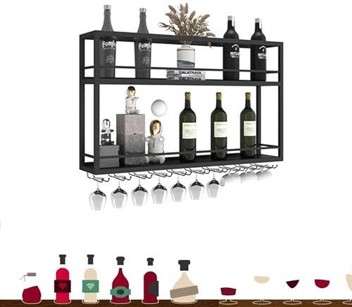 Portabottiglie Porta Bottiglie di Vino da Parete con Portabicchieri Cantinetta Vino con Porta Bicchieri Sospesi Scaffale da Parete con Porta Calici da Parete Mensole Cucina per Sala da Pranzo Bar(NO L
