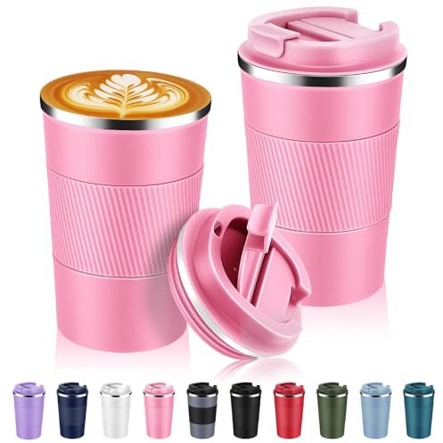 Volhoply 380ml 13oz Stainless Steel Insulated Travel Coffee Mug with Fip Lid Bulk 2 Pack,Reusable Double Wall Vacuum Metal Coffee Cup,Portable Leak Proof Tumbler for Hot & Cold Drinks(Pink,2)