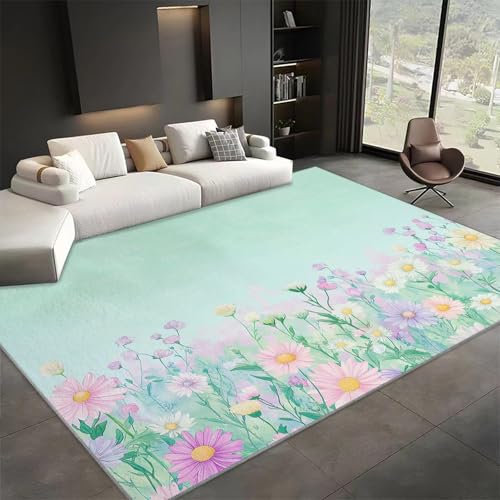 Genérico Alfombra Salon 80x150cm Floral Crisantemo Verde Claro Alfombras de Habitacion Suave y Confortable, Interior Alfombra de área Antideslizante, Lavables Tapetes para Sala, Dormitorio, Home