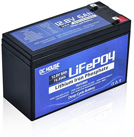 DCHOUSE Batterie Lithium LiFePO4 12V 6AH, Batterie Lithium à Cycle Profond Cycles, Batterie Rechargeable LiFePO4 12V avec BMS Intégré,pour Les Jouets d'enfants, Power Wheels, Camping, Fish Finder