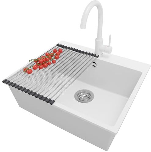PRIMAGRAN Evier Cuisine en Granit Blanc 58x50cm, Lavabo 1 bac + Kit de Vidage + Égouttoir Enroulable, Évier à Encastrer al mueble 60cm - Riga S215